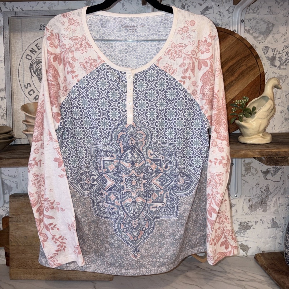 Women's PM Cotton Blend Made Peru Soft Henley Bohemian Long Sleeve Boho Shirt